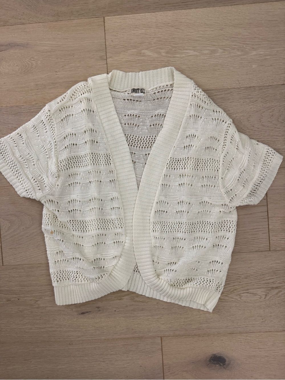 Short Sleeve Open-Knit Cardigan - Cream